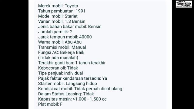 HARGA MOBIL BEKAS MURAH TOYOTA STARLET TAHUN 1990-1994 SUPER IRIT DAN BERKUALITAS