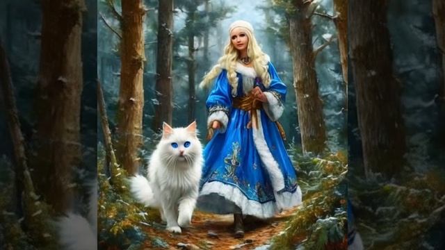 Нейрокот Стёпа и Снегурочка идут по сказочному лесу
