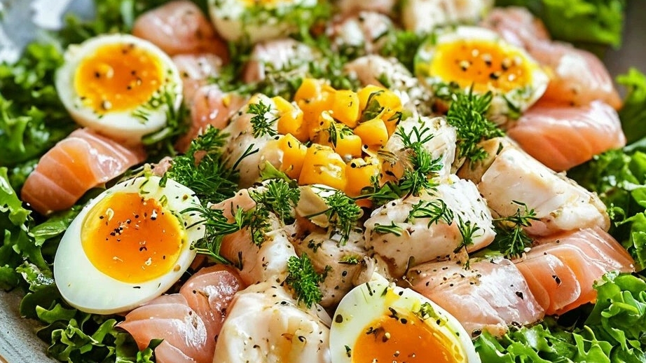 Салат с вареной рыбой, сыром и яйцами
