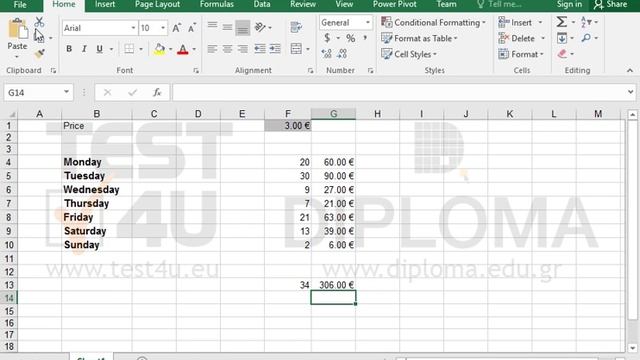Use the SUM function to calculate the sum of sales in a week (Excel 2016)