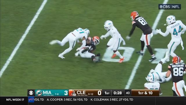 Jerome Ford jukes and jives his way down to Dolphins' 8-yard line