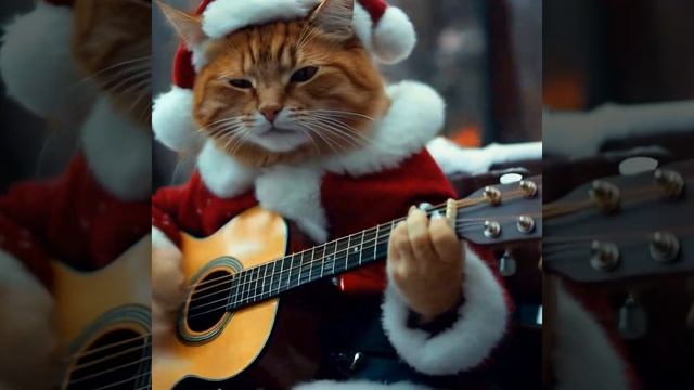 Кот -- Санта играет на гитаре в "Лесу родилась елочка"