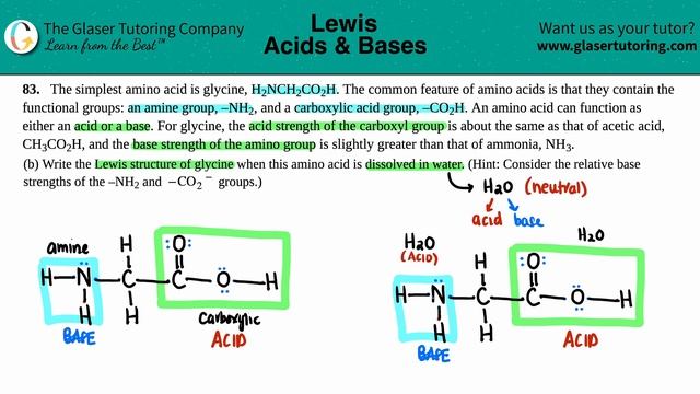 15.83b  Write the Lewis structure of glycine when this amino acid is dissolved in water