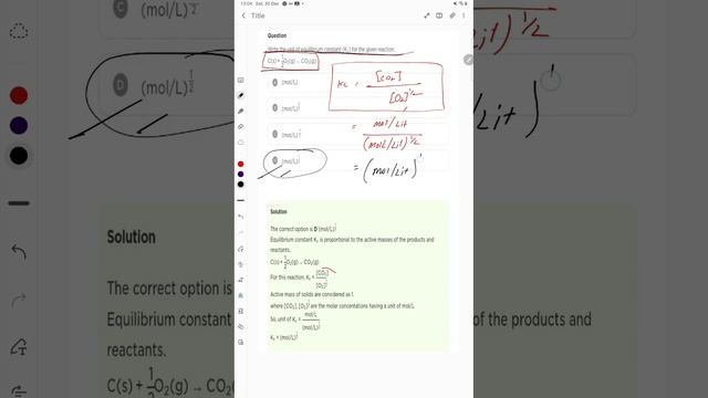 Write the unit of equilibrium constant (Kc) for the given reaction.