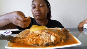 Asmr Mukbang tilapia fish pepper 🌶 soup with starch fufu.