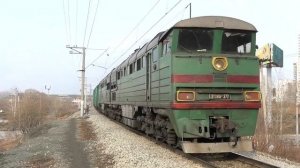 2ТЭ116-372 с грузовым поездом следует через о.п. Ботаническая