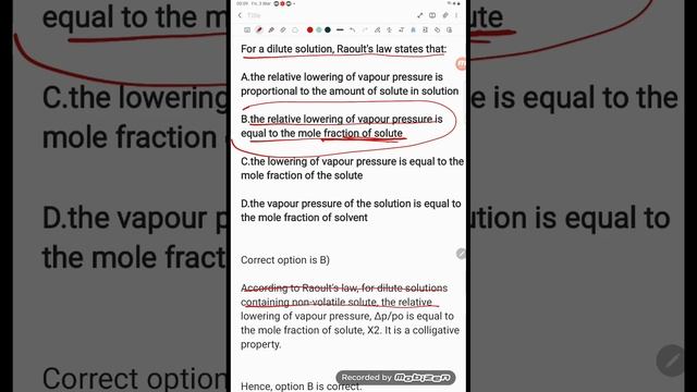 For a dilute solution Raoults law states that: