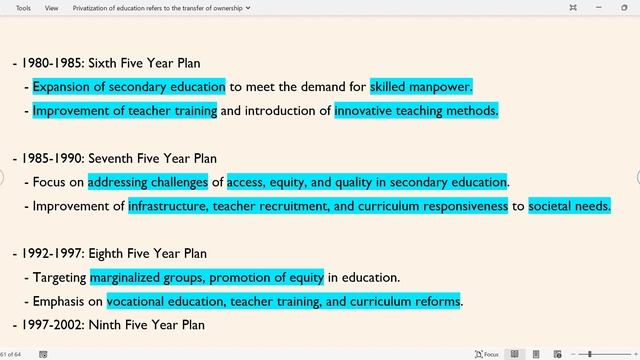 Five Year Plans with focus on Expansion-Equity-Excellence in secondary education (M.Ed. Sem IV)