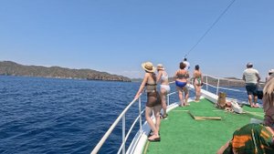 Турция. Экскурсия по островам Эгейского моря. Впереди зубчатый остров  "Дишлидже". 2024.