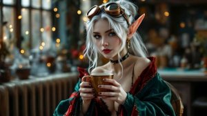 AI Steampunk Silver Haired Elf of the North Preparing For Christmas