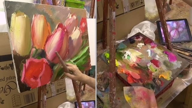 Весеннее тюльпаны. Мастер-класс. Tulips. Master class by Oleg Buyko on two canvases.