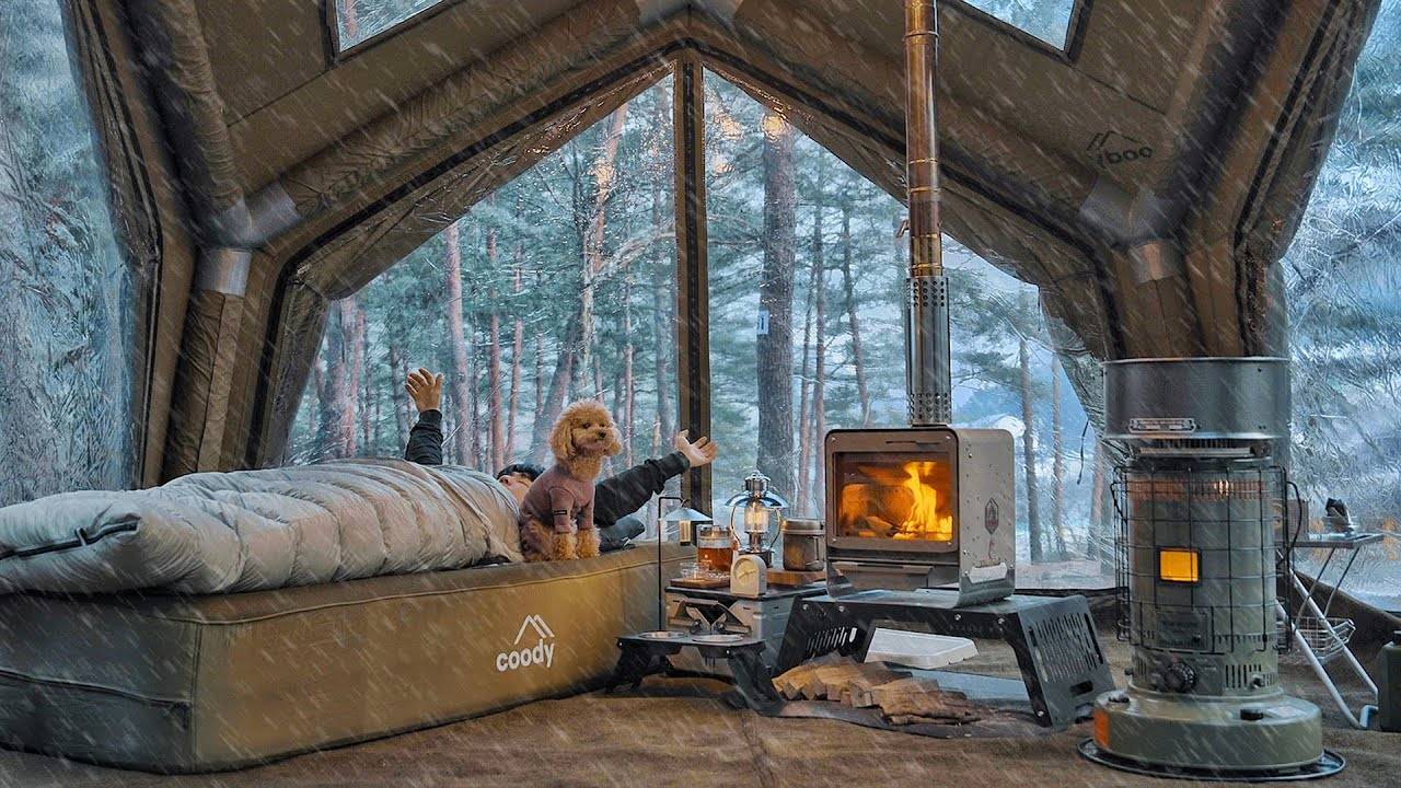 "Кемпинг в снегу с моей собакой, 360° панорамный вид, надувная палатка, дрова."