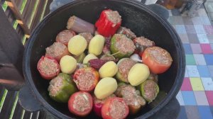 Фаршированные овощи в казане на костре 🔥