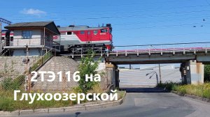 Грузовой поезд 2ТЭ116 на Глухоозерской едет к мосту медленно