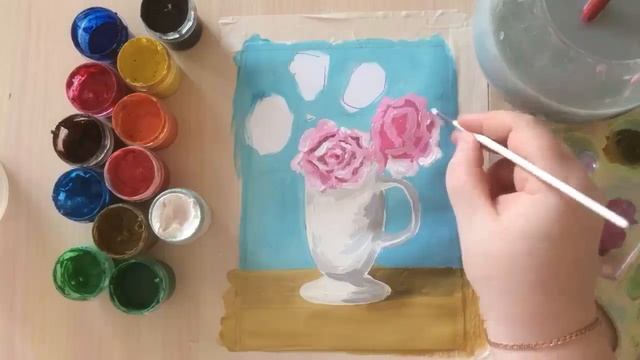 Как нарисовать РОЗЫ В ВАЗЕ гуашью - пошаговый урок рисования. Рисуем цветы в вазе красками.