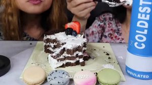 ASMR EATING CHOCOLATE CAKE AND MACARONS MUKBANG   Kim&Liz ASMR