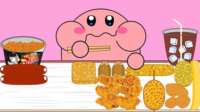 Kirby Animation - Eating Hot Chicken Flavor Ramen, Fried Chicken, Hotdog, Fried Dumpling Mukbang