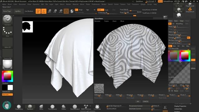 Создание двойной текстуры на ткани в Zbrush. UV Развертка. Noise