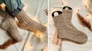 НОСКИ спицами со жгутами и резинкой 2на2 | Классическая пятка