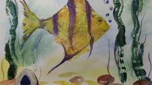 Монотипия. Красивая рыбка Скалярия. Акварель