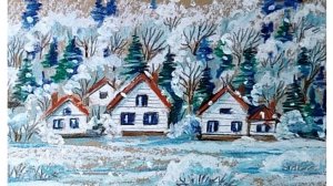 Деревенька зимой. Рисунок масляной пастелью на крафтовой бумаге.
