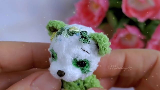 Mini crocheted green teddy panda bear. Custom miniature by Microtoysby