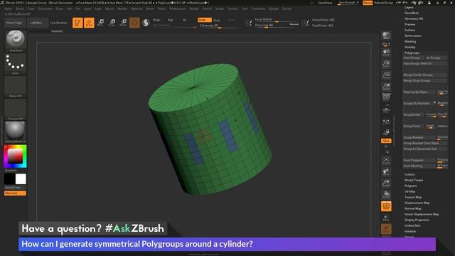 #AskZBrush - _How can I generate symmetrical Polygroups around a cylinder__