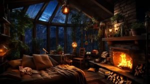 ⛈️ Дождь с грозой ⚡ и молнией, потрескивающий камин и уют 🔥🏡 [Музыка без рекламы] 😴
