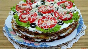 Торт кабачковый с грибами и помидорами