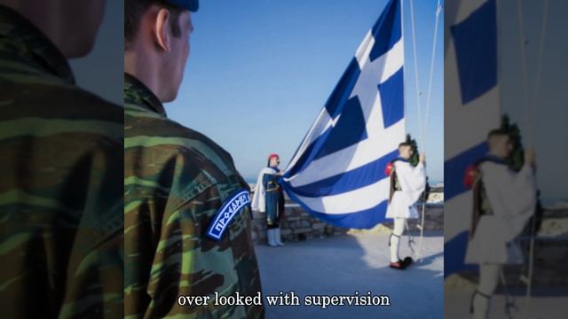 The Presidential Guard " Evzones " Athens Greece, Raising the Greek National Flag at the Acropolis.