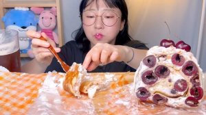 복숭아치즈 체리 롤크레이프 케이크🍑 조개롱 마카롱 디저트 먹방 Dessert Mukbang
