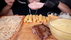 ASMR STEAK CHEESY PASTA SPAGHETTI CARBONARA CHEESE FONDUE MUKBANG 까르보나라 먹방 咀嚼音 スパゲッティ EATING SOUNDS