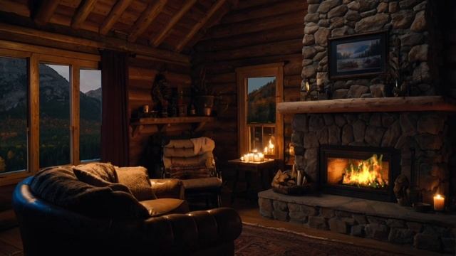Уют в Хижине: Звуки Трескающегося Камина и Дождь за Окном