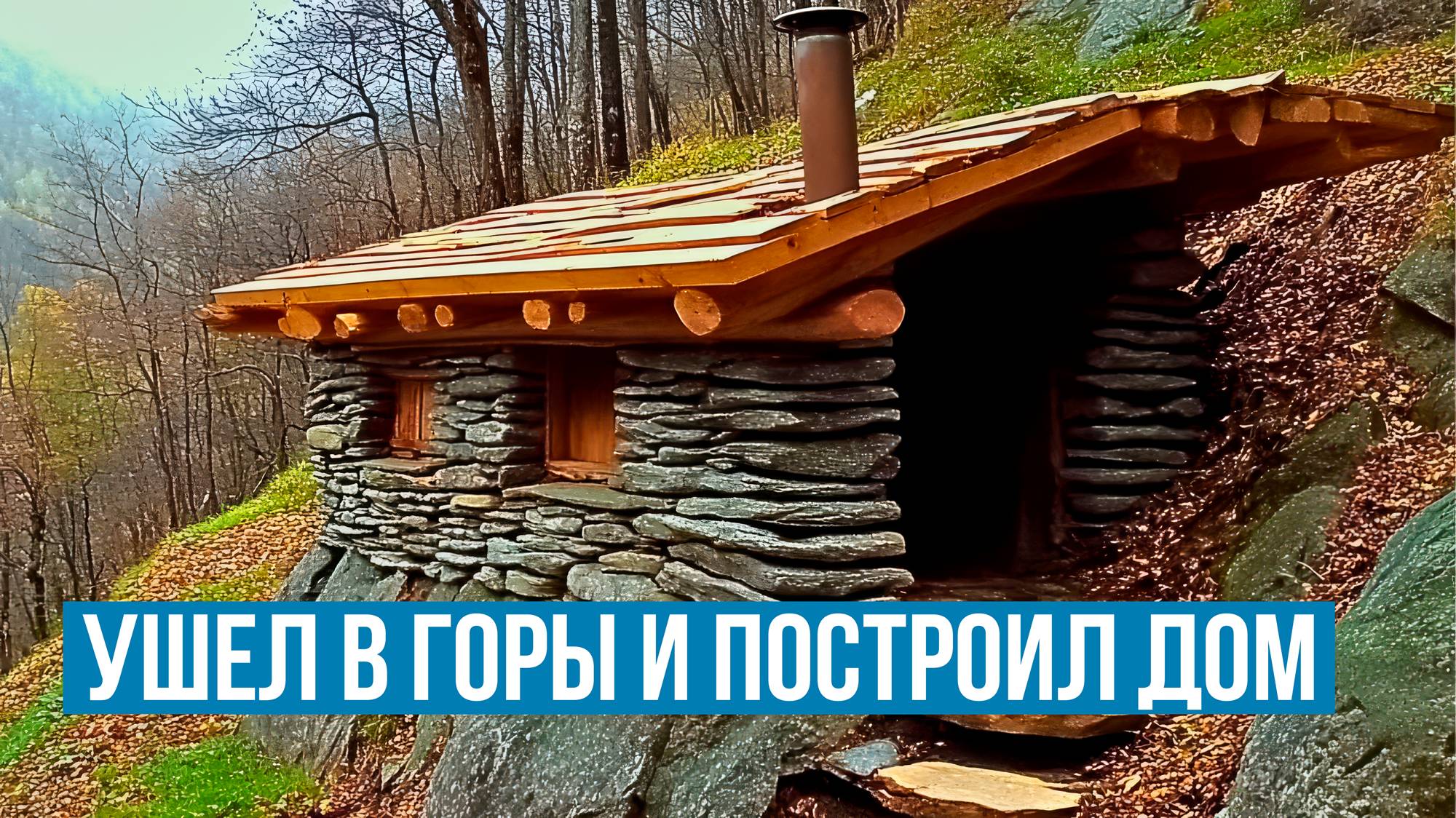 Мужик ушел в горы и построил дом из камней и бревен.