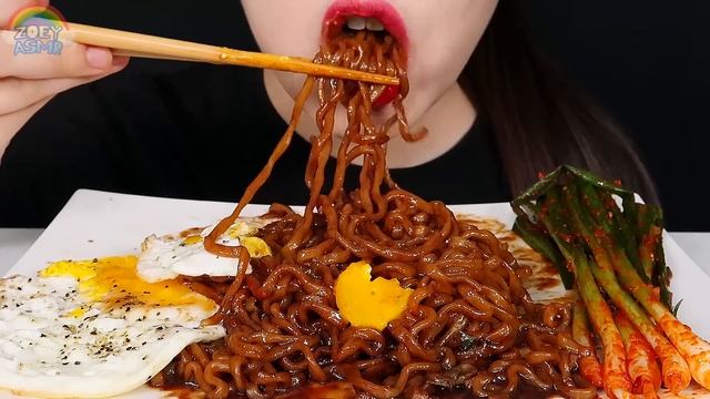ASMR BLACK BEAN NOODLES GREEN ONION KIMCHI 직접 만든 파김치 짜파게티 먹방 RECIPE EATING SOUNDS MUKBANG 咀嚼音 ZOEY