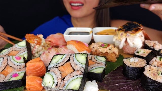 AMAZING SUSHI SPREAD!  ASMR MUKBANG SEAFOOD RAW CRUNCHY EATING BIG BITES
