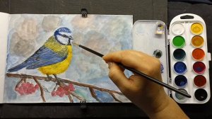 Зимняя птичка, акварель, но можно рисовать любыми красками