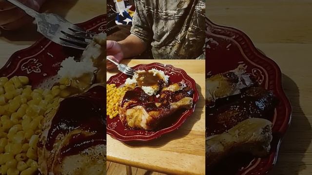 BBQ chicken mashed potatoes and gravy and sweet corn with butter #mukbang #bbqchicken