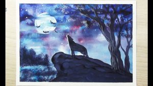 Как нарисовать волка. Ночь в лесу, волк воет на луну. Легко, поэтапно. Гуашью.