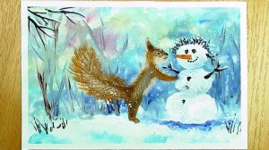 Как  легко нарисовать Зиму поэтапно гуашью. Белочка. Видео уроки рисования для начинающих