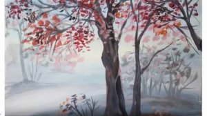 "ОСЕНЬ". Как нарисовать КРАСИВЫЙ ПЕЙЗАЖ гуашью поэтапно. Деревья в тумане.