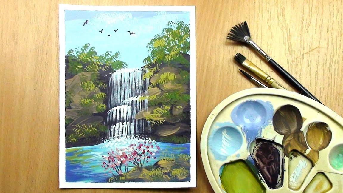 Как нарисовать водопад гуашью. Легкий способ для начинающих. смотреть онлайн