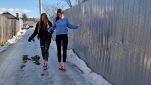 Two girl on wet ice competition, slippy high heels, high heels on ice, shoes on slippy ice (# 716)