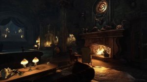 Атмосфера гостиной Слизерин - школа волшебства Хогвартс. Вечер у камина