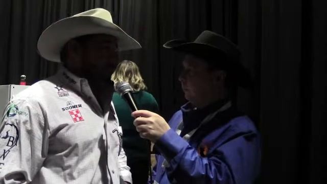 2013 WNFR qualifier and Fatasy Pro Rodeo founder KC Jones talks with Jason Hetland at the 2013 WNFR