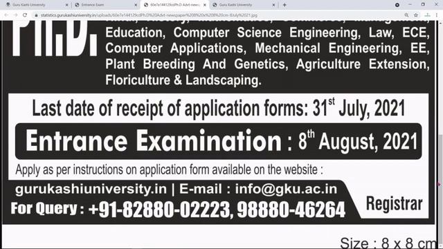 PhD Admission Notification 2021 in Guru Kashi University | Guru Kashi University PhD Admission Noti