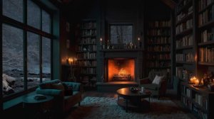 Moody Winter Library Reading Corner Ambience _ Peaceful Music with Crackling Fire and Snowfall