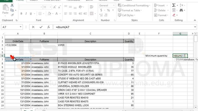 Use the DSUM function to return the sum of order according to certain criteria (Excel 2013)