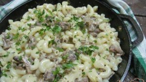 Макароны под соусом из говядины с грибами