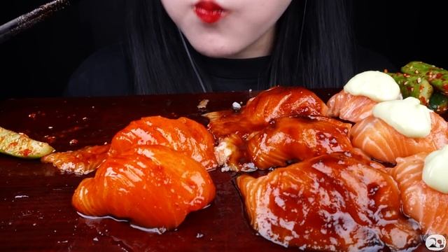 ASMR 3 FLAVORS SALMON SUSHI, 연어 초밥 먹방, SPICY SALMON, WHITE CREAM SALMON, SOY SAUCE SALMON MUKBNAG